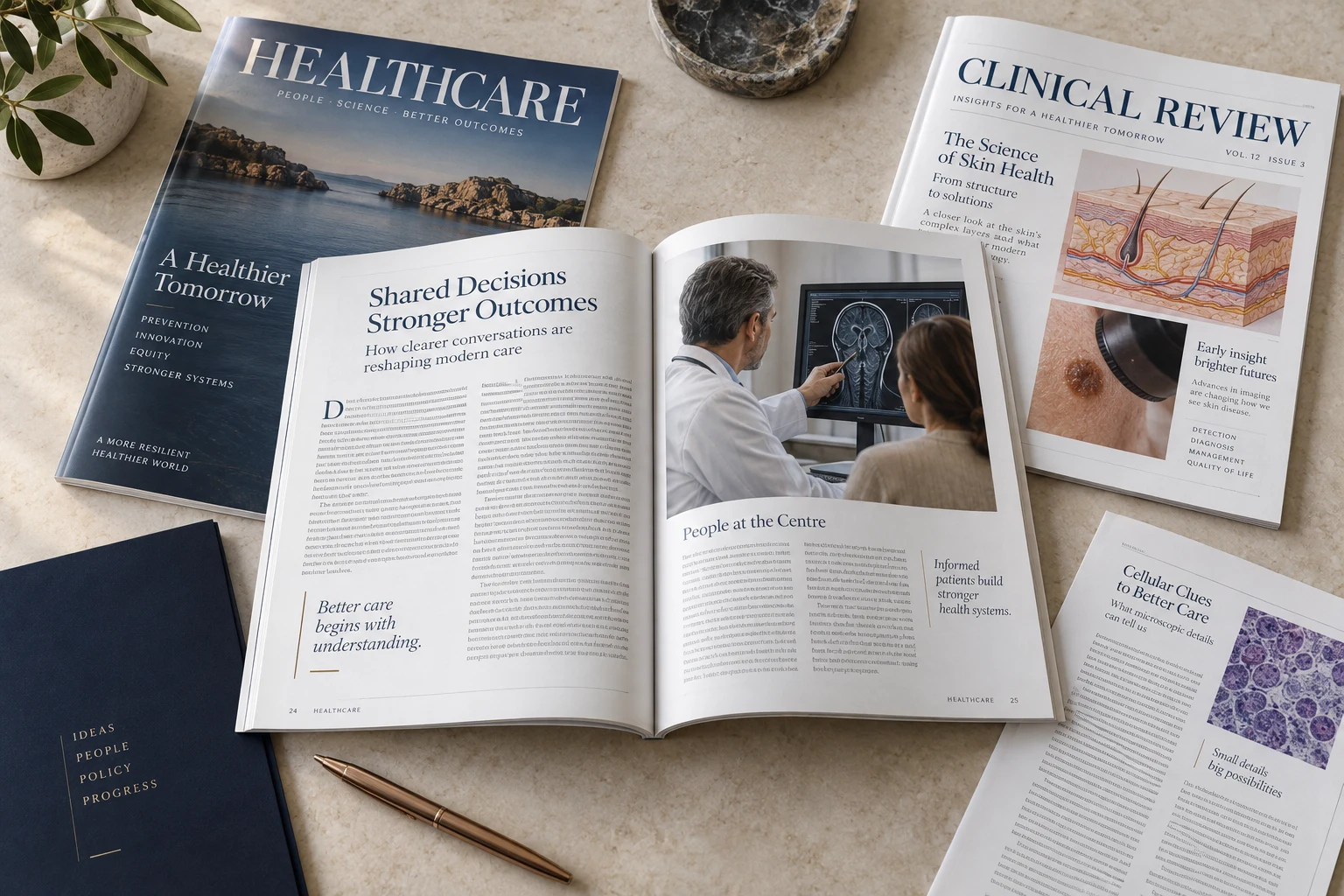 Illustrative Anordnung von Gesundheitsmagazinen und gedruckten Artikeln mit Bildern einer Beratung, Hautanatomie, Dermatoskopie und Mikroskopie.