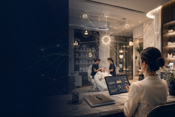 A clinic operator reviews a connected operations dashboard on a tablet, with icons for team, KPIs, scheduling, and patient trust radiating over a treatment room in the background.