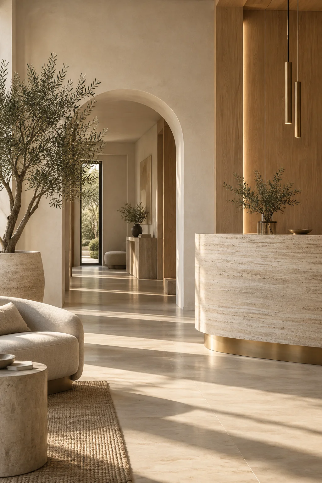 Warm contemporary medical practice interior with natural stone, oak, and soft daylight