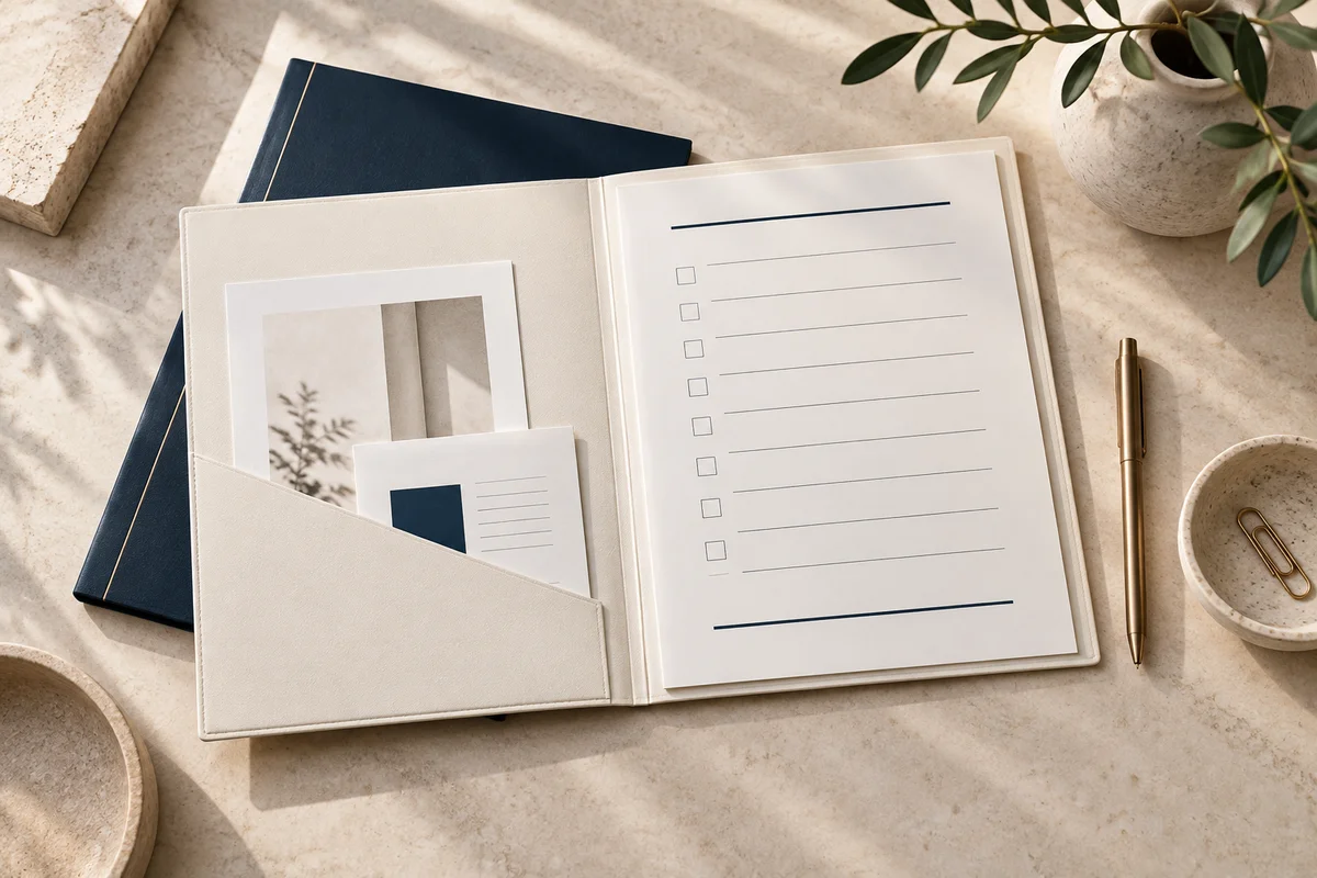 Illustrative Prüfmappe mit Checkliste, marineblauem Einband und bronzefarbenem Stift.