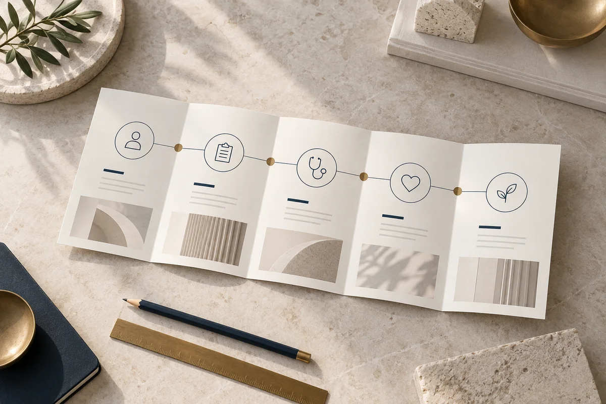Illustrativer Faltplan einer Patientenreise mit fünf verbundenen Phasen auf elfenbeinfarbenem Papier.