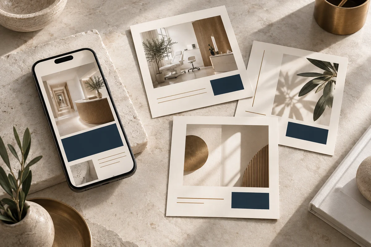 Illustrative Content-Kollektion für eine Praxis mit Smartphone und abgestimmten Architekturbildkarten.